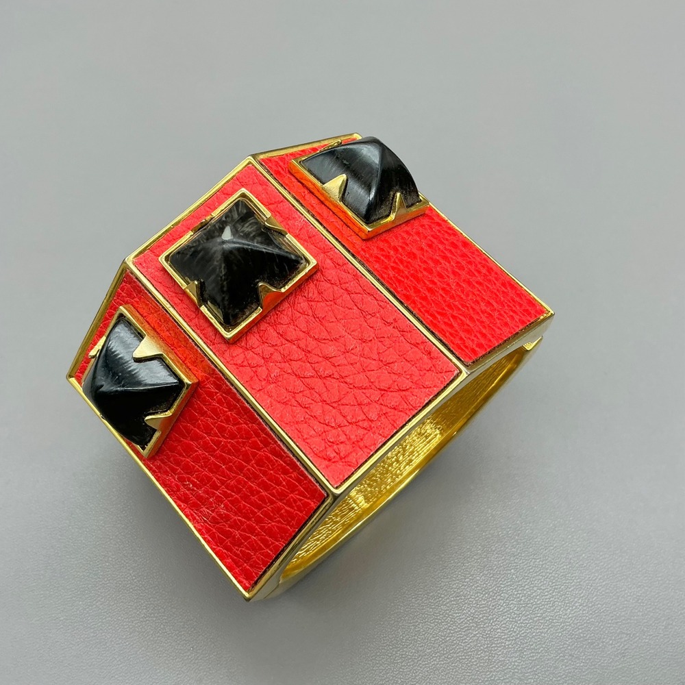 Vince Camuto Cuff Bracelet Womens Red Gold Faux Leather Studded Hinge Bangle